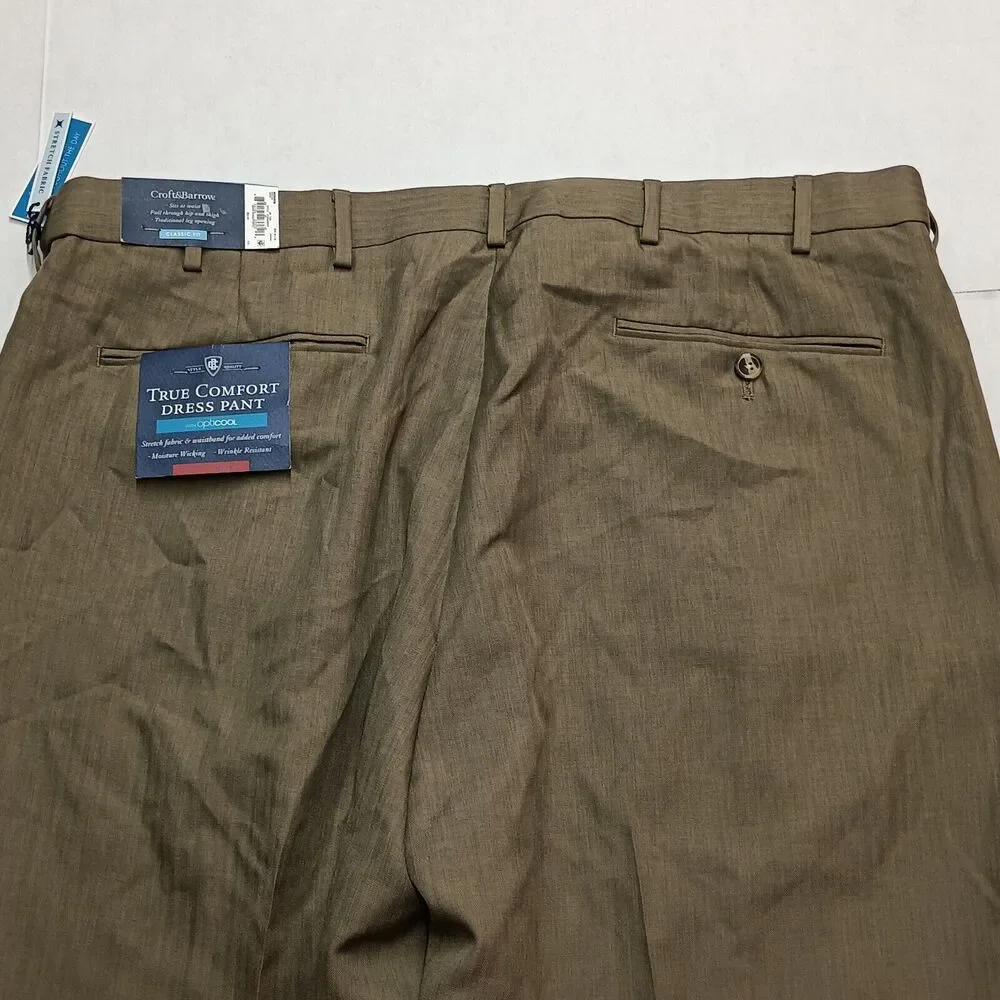 Croft and Barrow Dress Pants Men's 40x32 Tan Classic Fit Stretch Flat Front